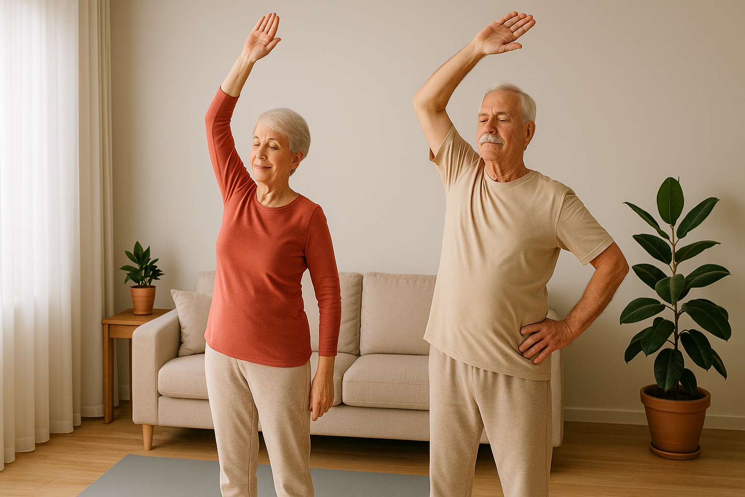Пожилая пара выполняет легкие упражнения дома